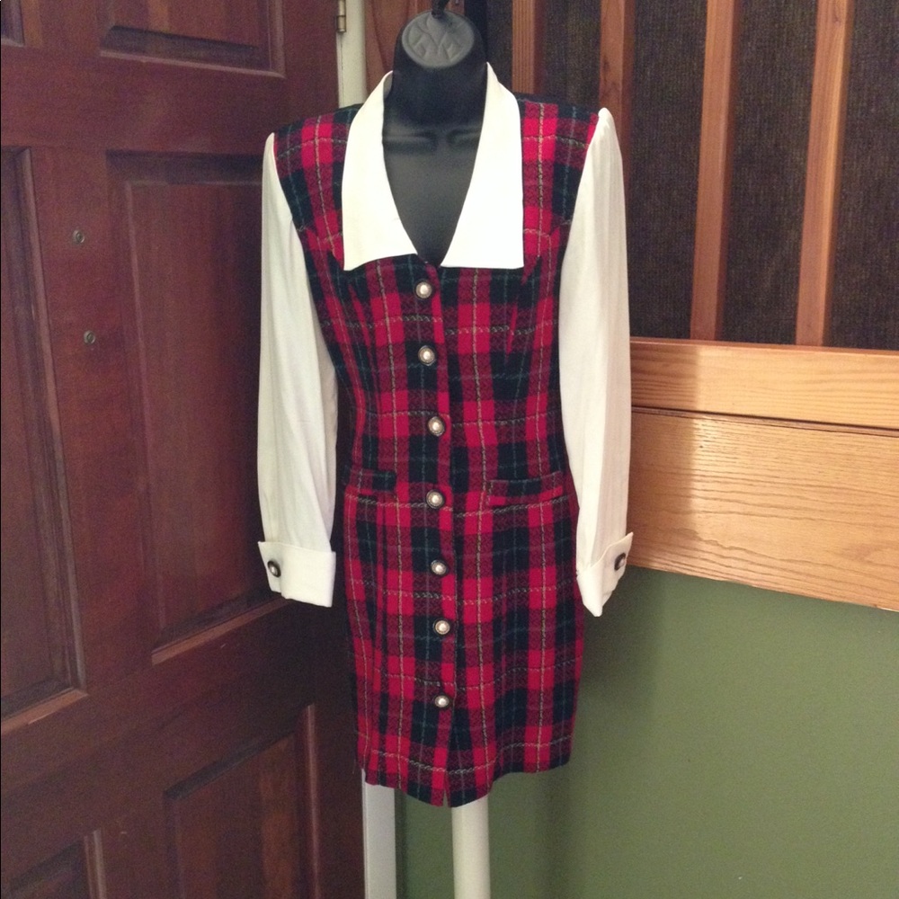 1980's Vintage Red plaid button down dress